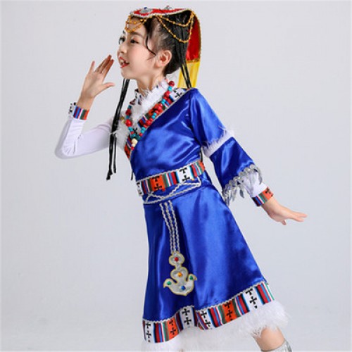 Children Girls Red Chinese folk dance dress Mongolian Tibetan Water Sleeve Dance costumes  Tibetan stage Performance Ethnic Minority Dance Costume